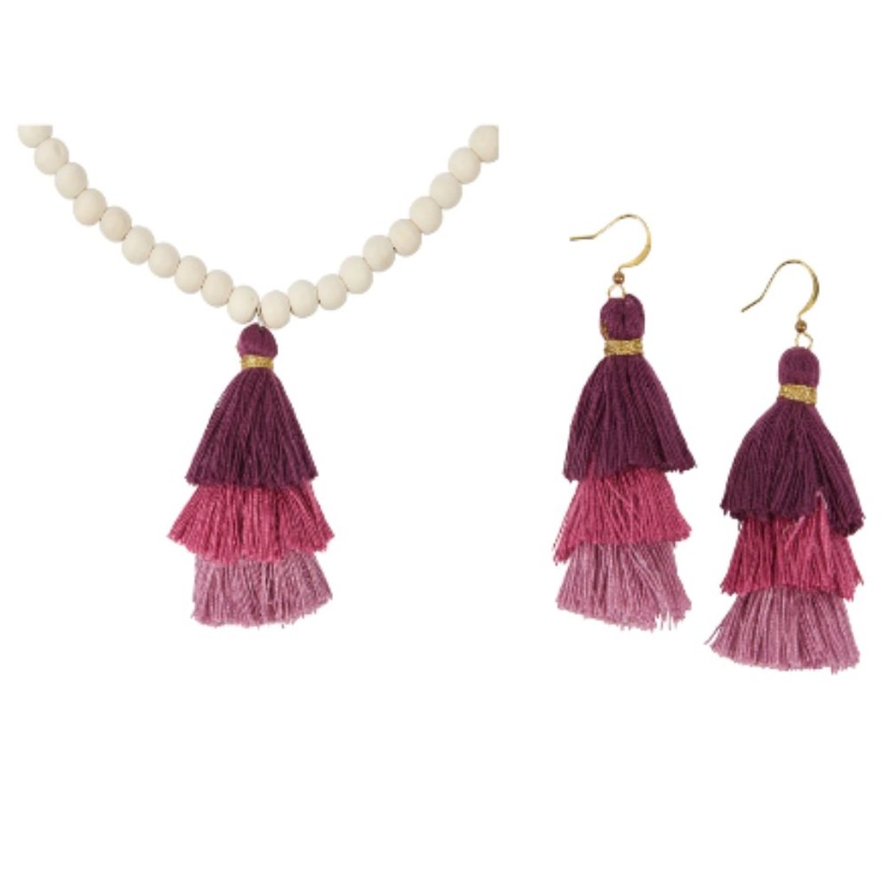 BNWT Initials Inc. Tassel Necklace and Earrings Set Color: Wildberry